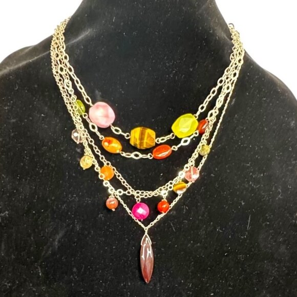 Multi Layered Sterling Silver Bib Necklace Tigers Eye + Colorful Gemstone Beads - Picture 1 of 9